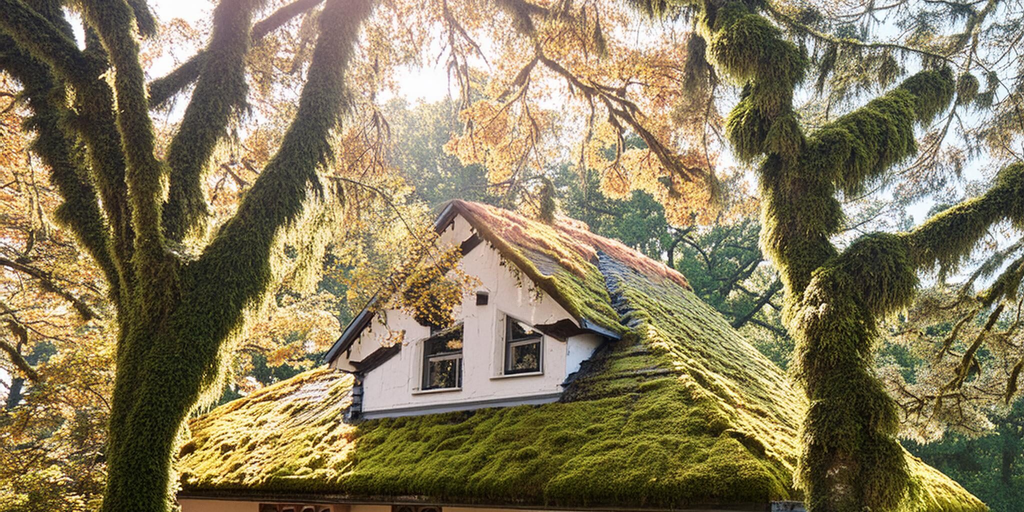 Firefly home with lots of mature overhanging trees, moss growing on the roof, sun shining in sky 795