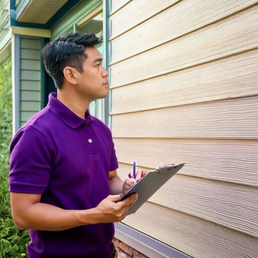 man in purple shirt inspecting siding