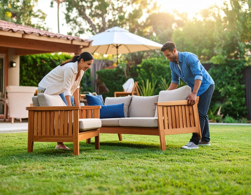 couple moving furniture prepare for install